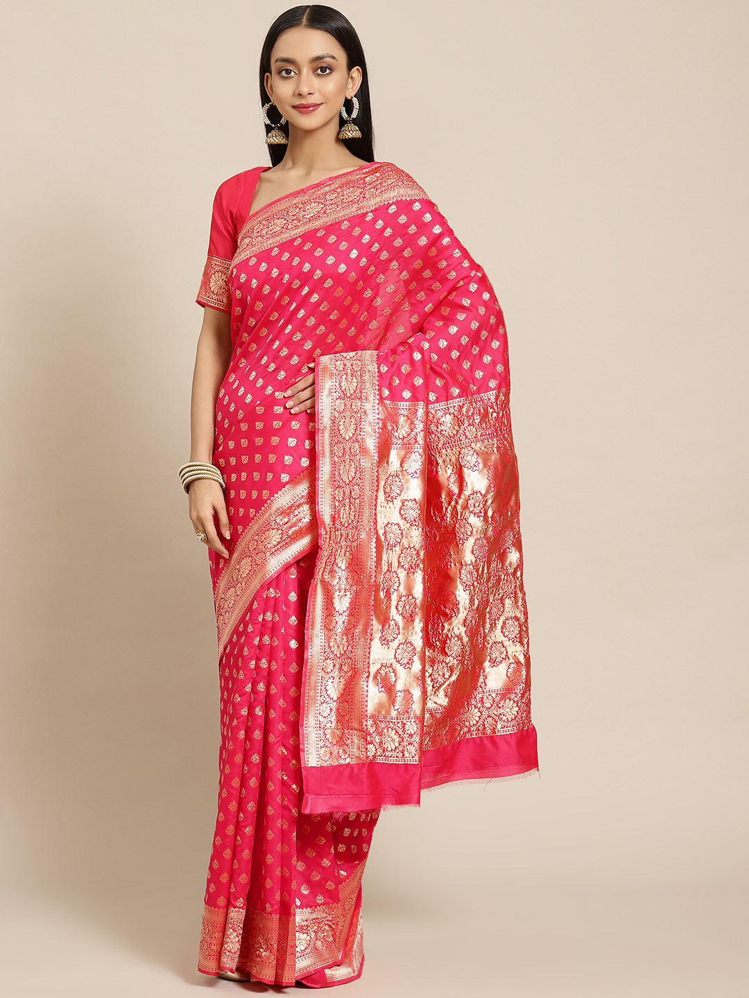 SARIYA Pink & Gold-Toned Woven Design Silk Blend Banarasi Saree