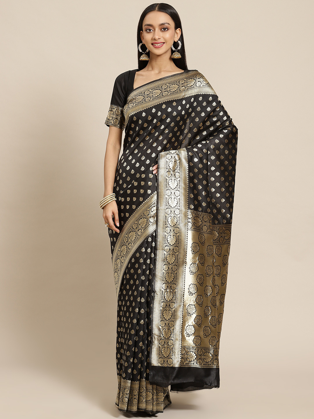 SARIYA Black & Gold-Toned Woven Design Silk Blend Banarasi Saree