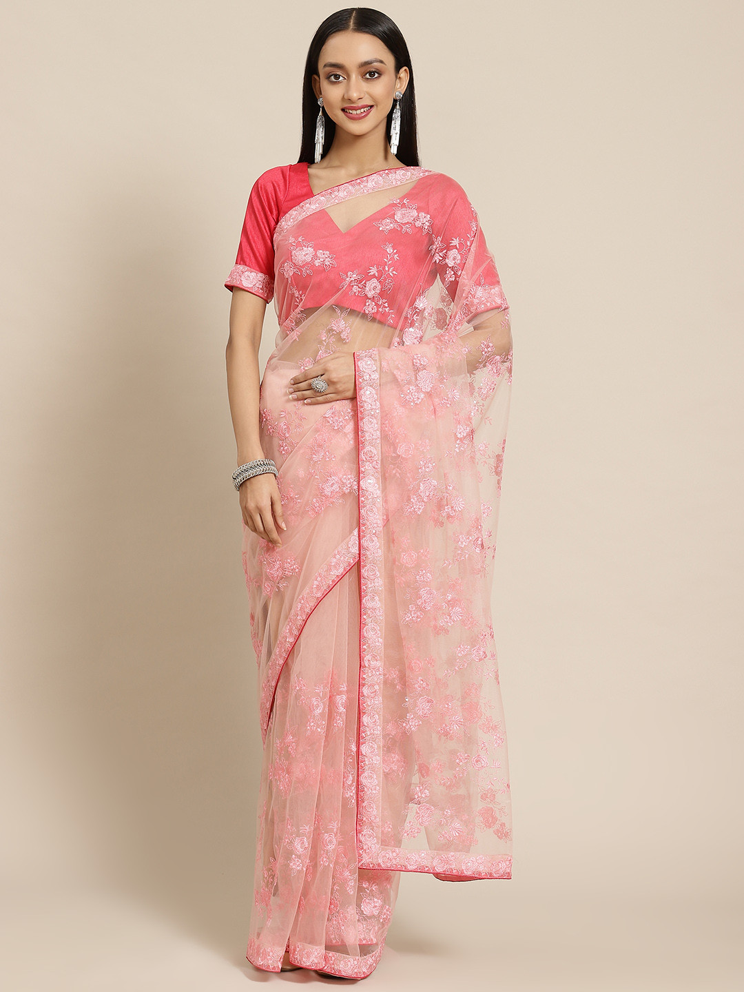 SARIYA Pink Floral Embroidered Net Heavy Work Saree