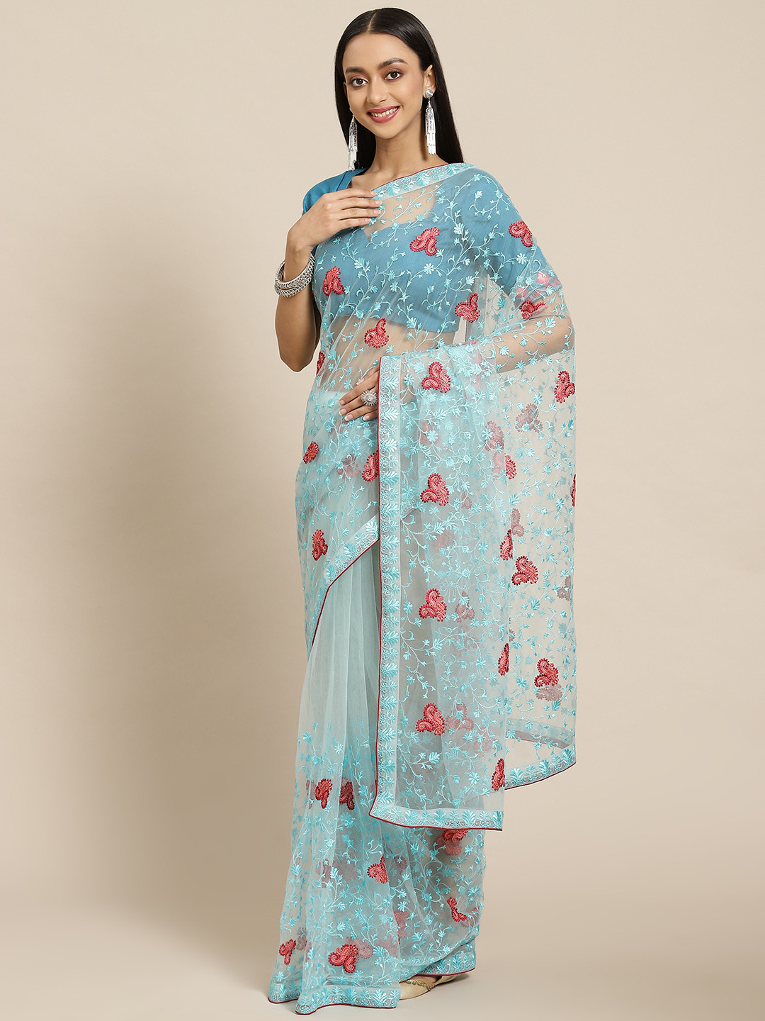 SARIYA Turquoise Blue & Red Floral Embroidered Net Heavy Work Saree