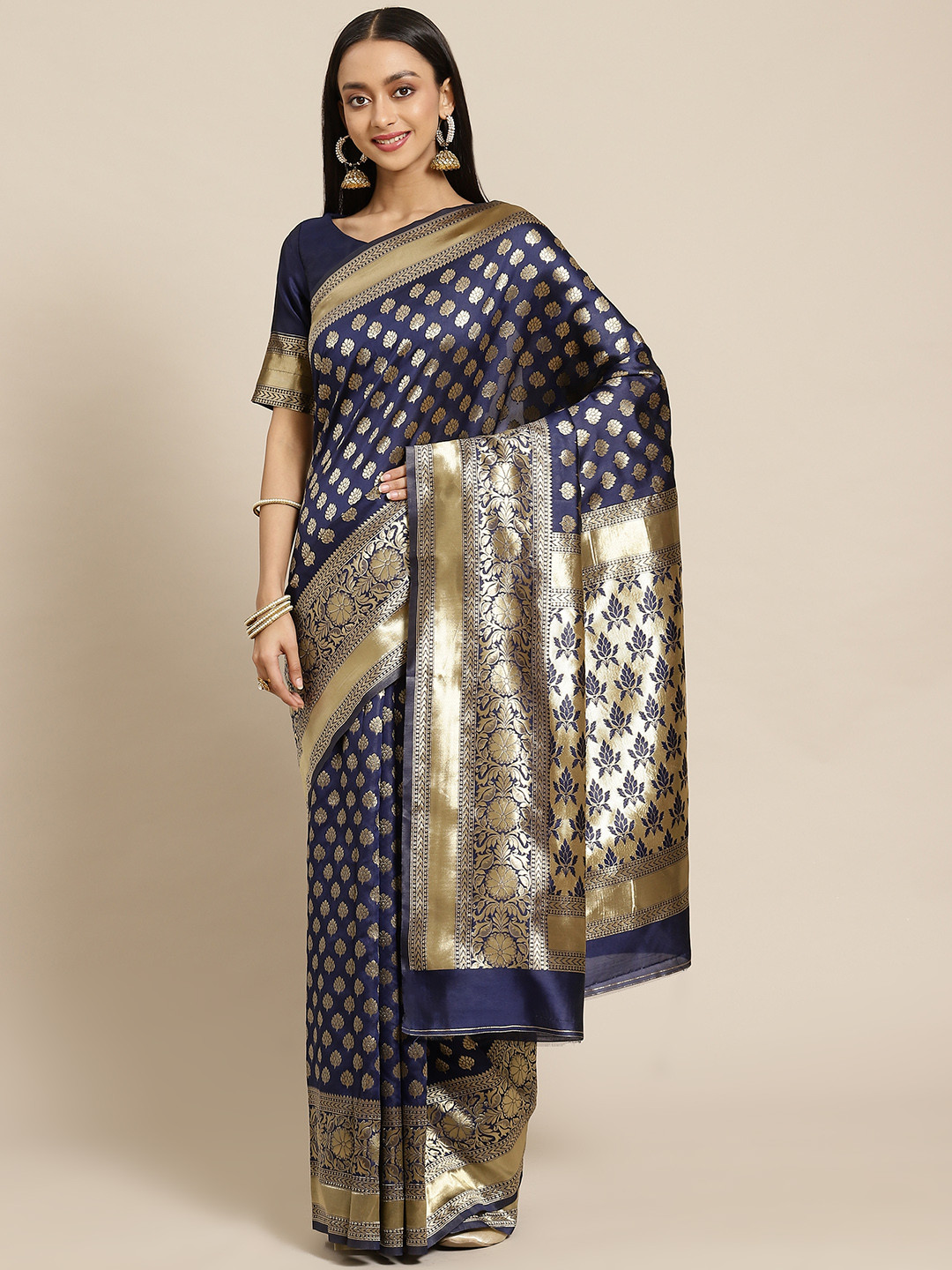 SARIYA Navy Blue & Gold-Toned Woven Design Silk Blend Banarasi Saree