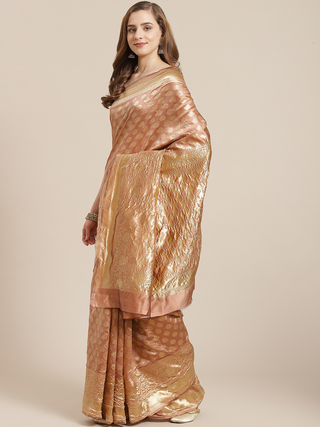 SARIYA Peach-Coloured & Golden Woven Design Zari Silk Blend Banarasi Saree