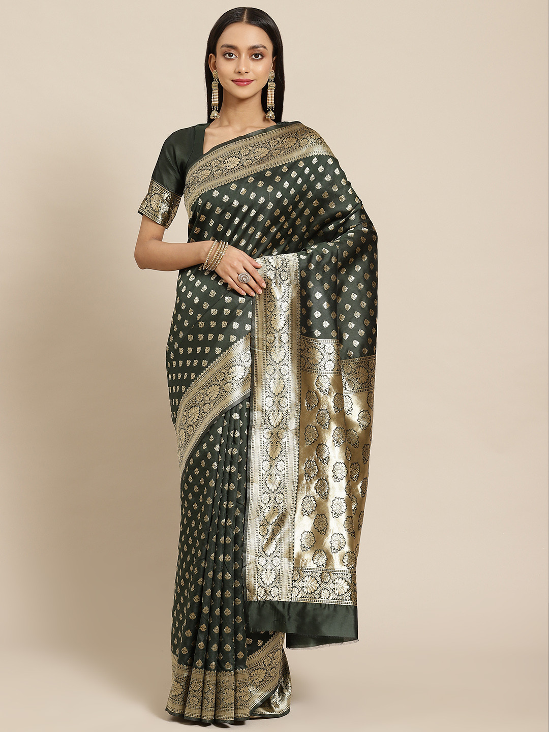 SARIYA Green & Gold-Toned Woven Design Silk Blend Banarasi Saree