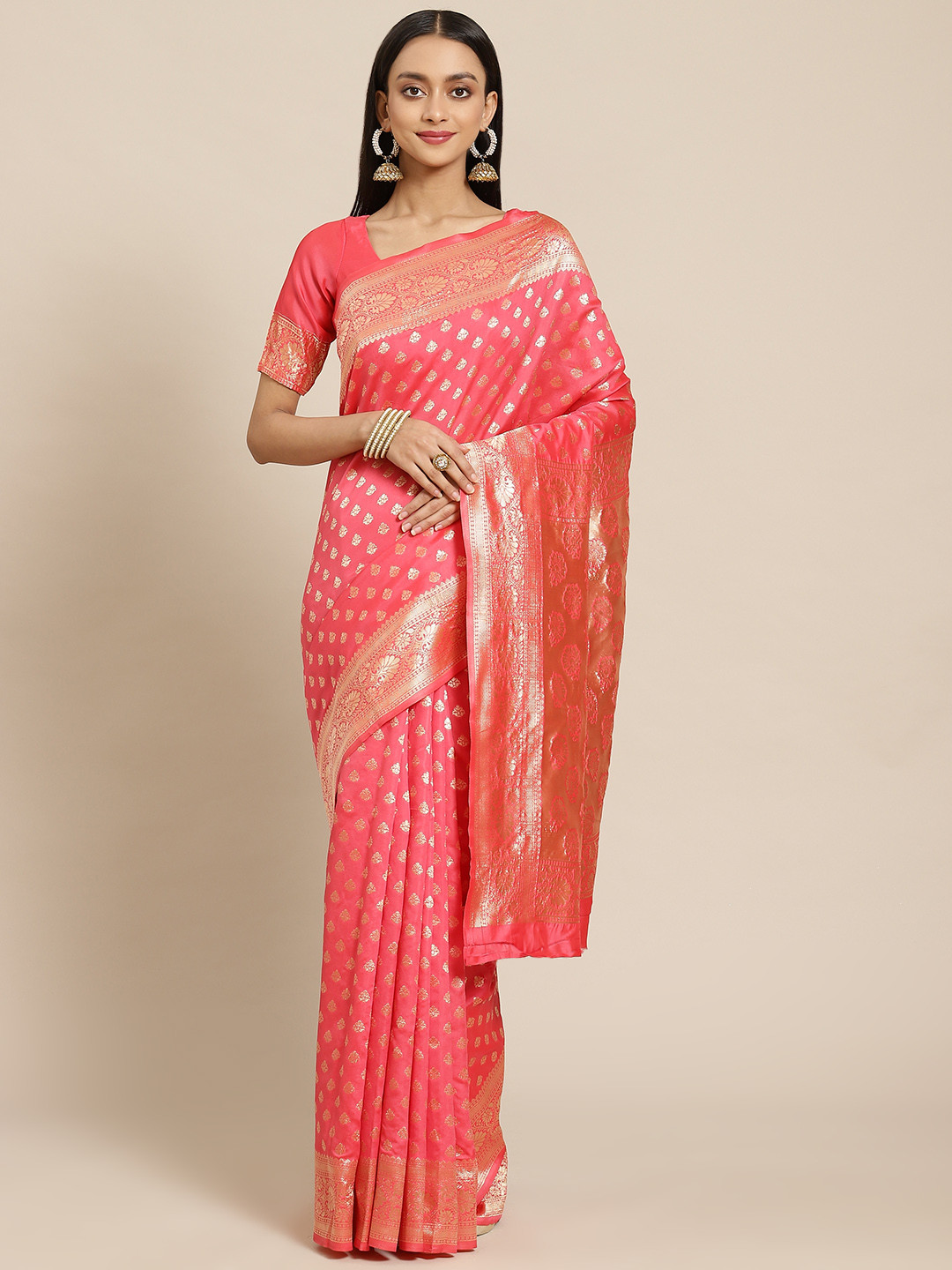 SARIYA Pink & Gold-Toned Woven Design Silk Blend Banarasi Saree