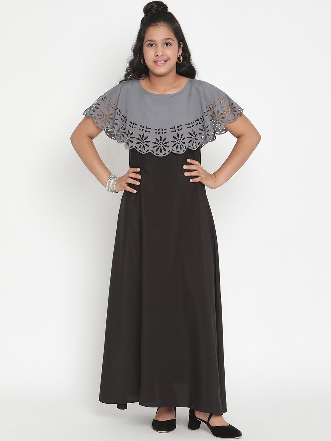 Stuffie Land Girls Grey & Black Crepe Maxi Dress