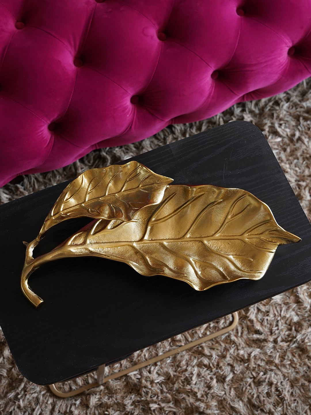 Folkstorys Gold-Toned Metal Champagne Fossil Leaf Decor Tray