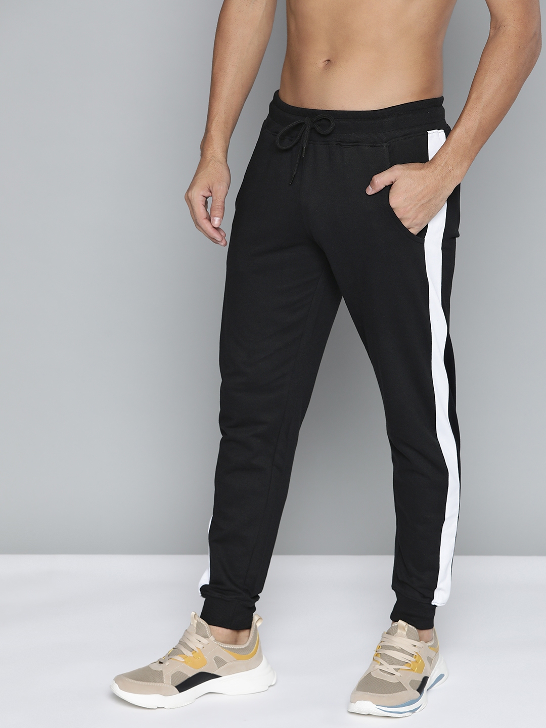 Buy HERE NOW Men Black Pure Cotton Joggers With Contrast Side