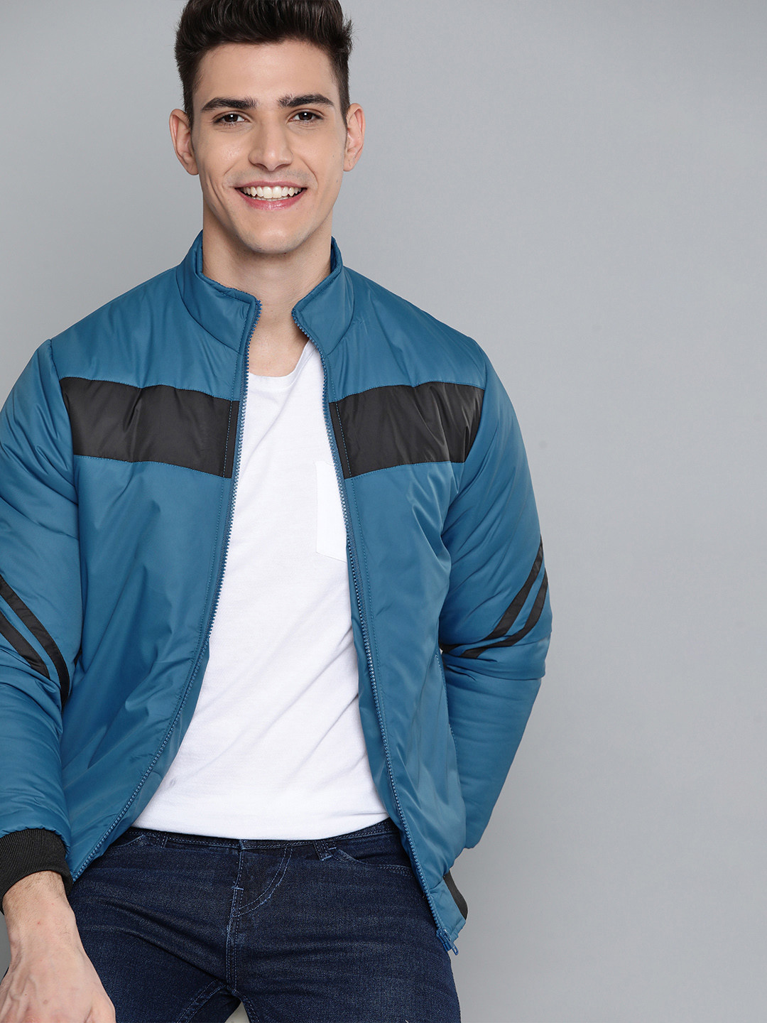 Mast & Harbour Men Blue & Black Colourblocked Padded Jacket