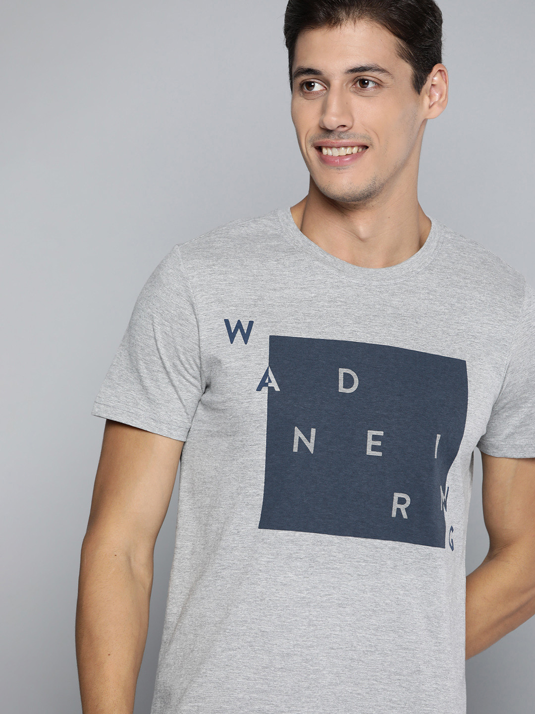 Mast & Harbour Men Grey Melange & Navy Blue Printed T-shirt