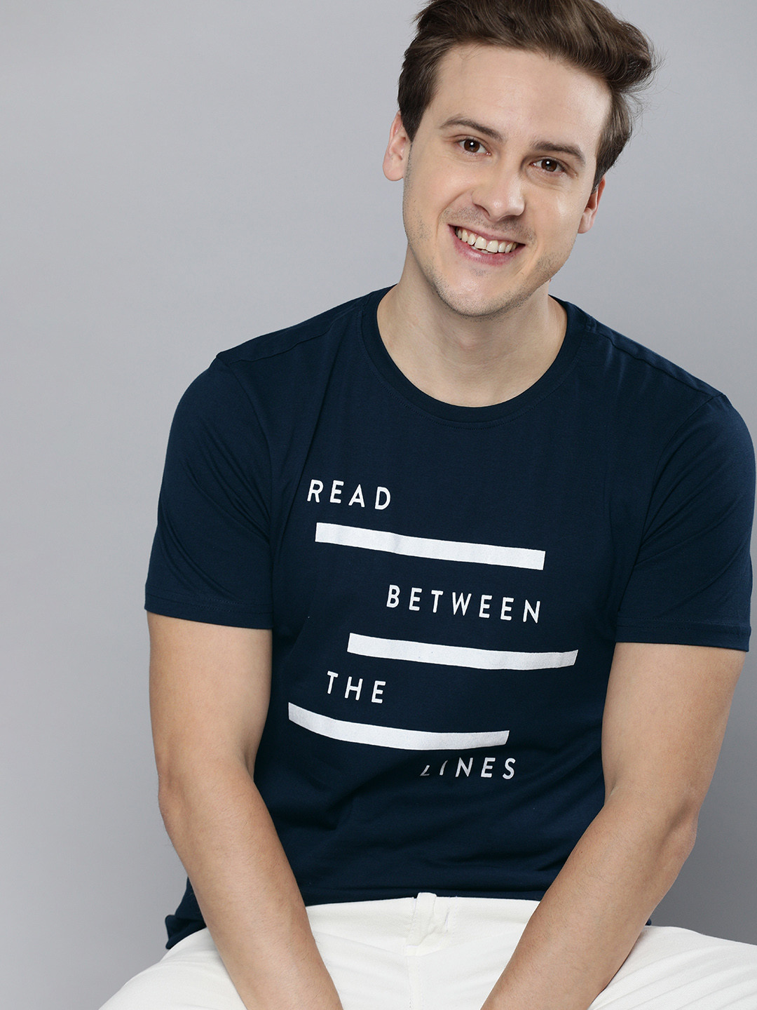 Mast & Harbour Men Navy Blue Typography Printed Cotton Casual T-shirt