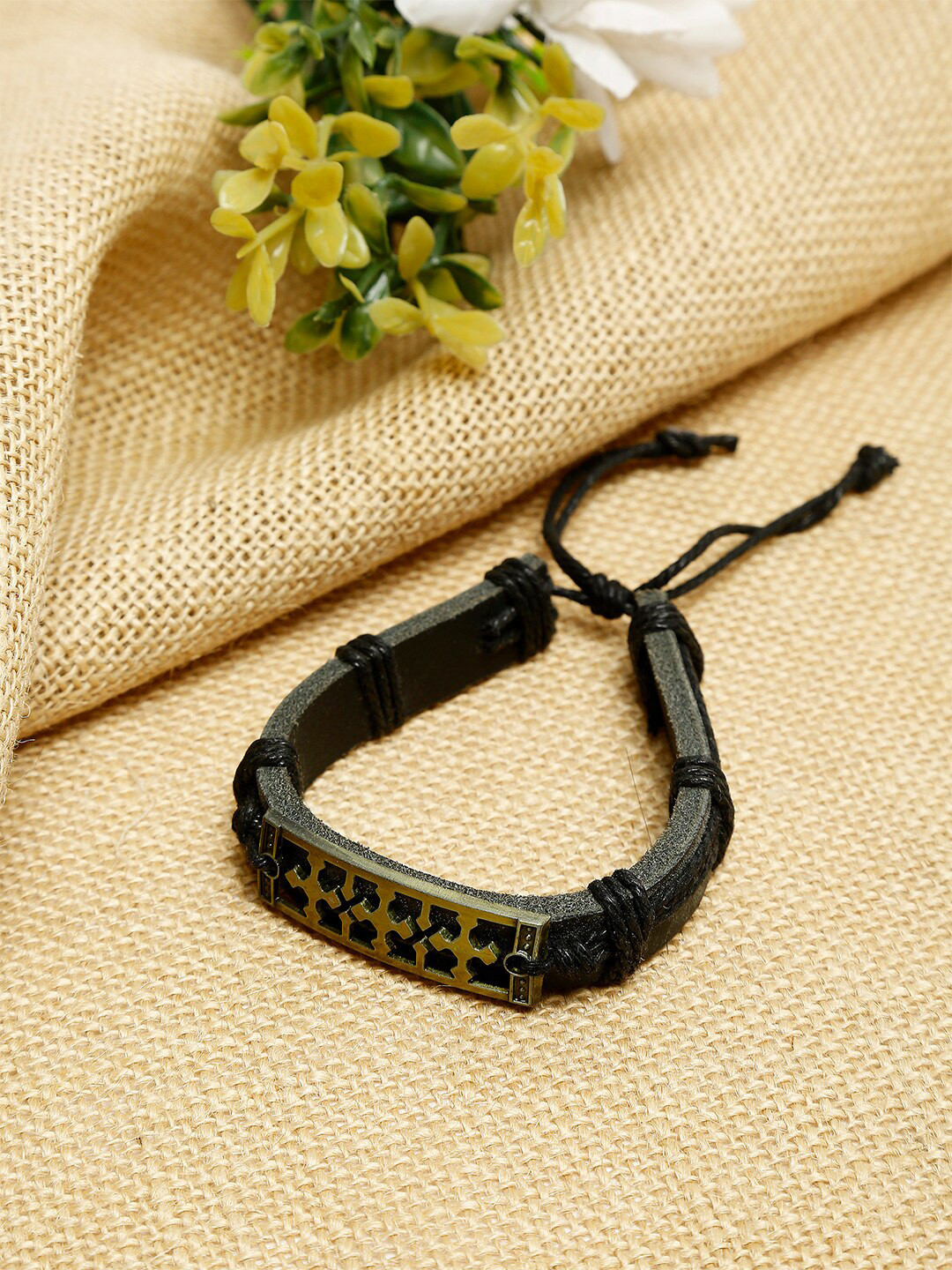 Alvaro Castagnino Men Black & Yellow PU Elasticated Bracelet