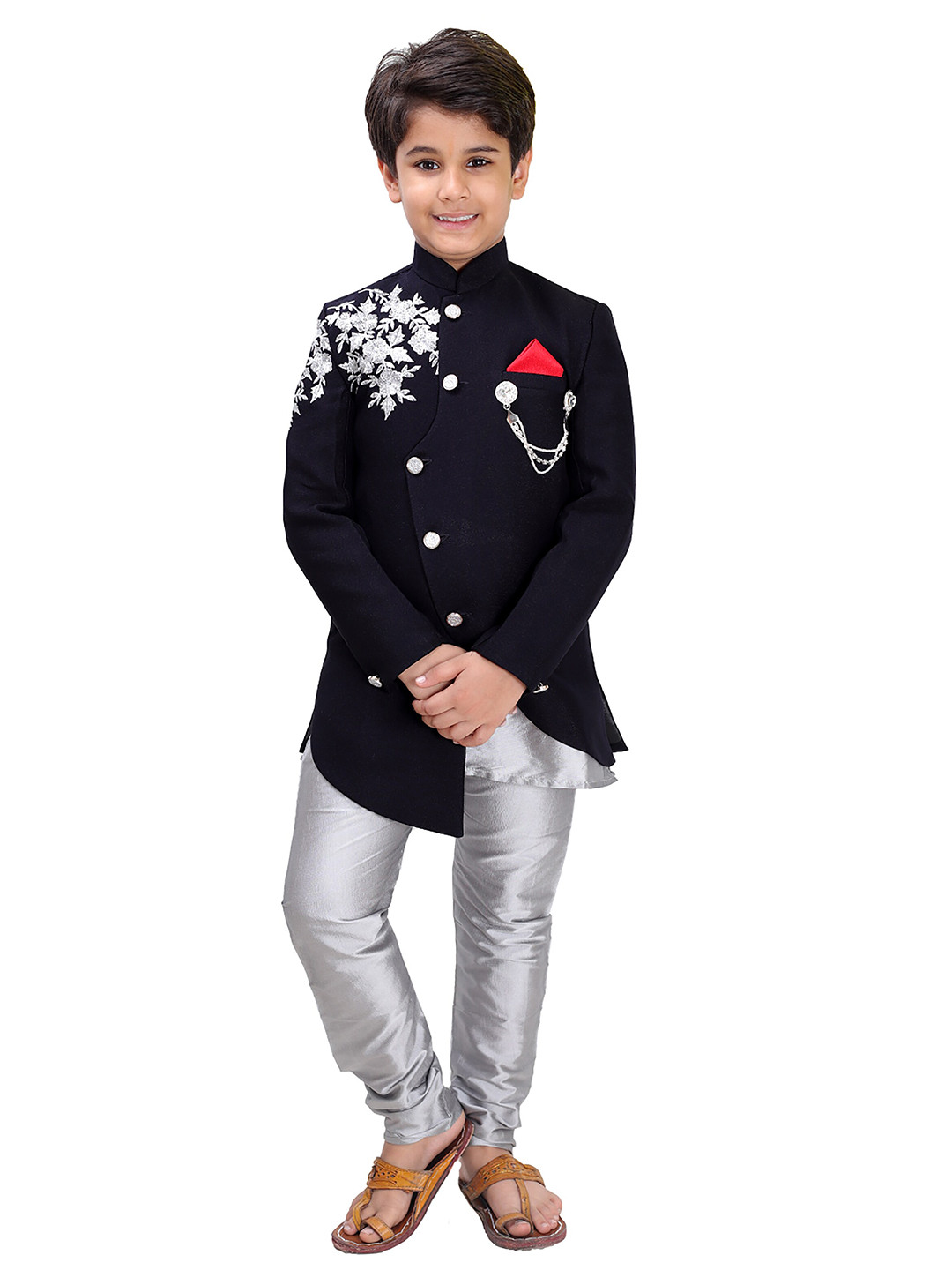 FOURFOLDS Boys Silver-Toned & Black Embellished Kurta with Churidar