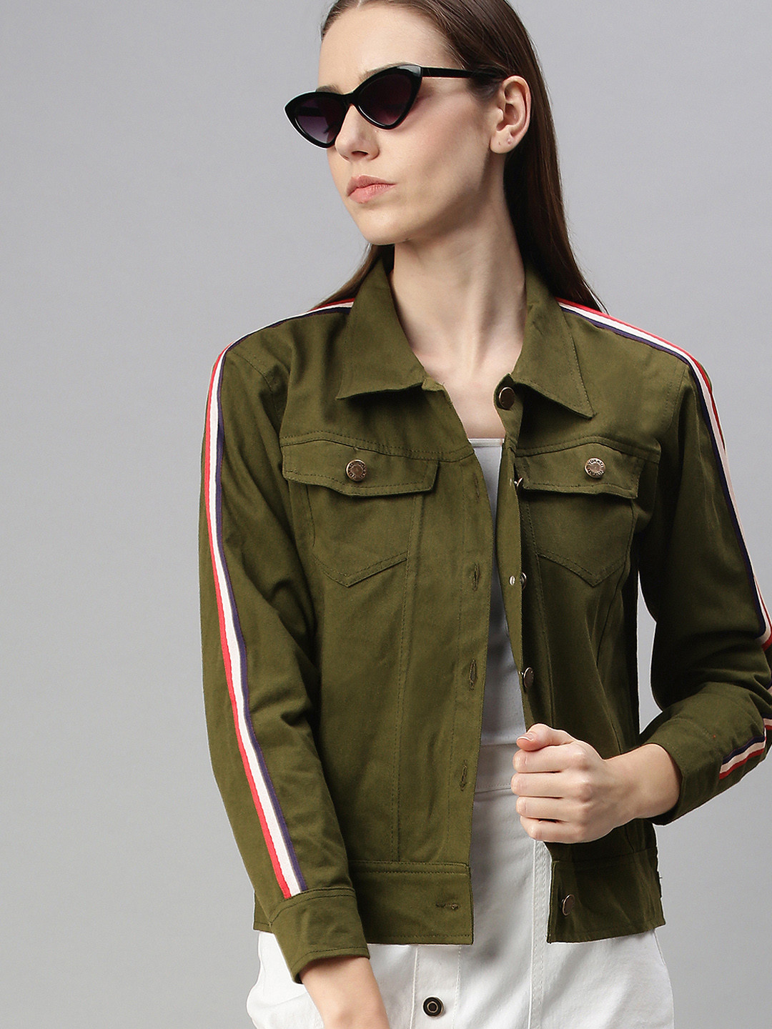 VOXATI Women Olive Green Open Front Jacket