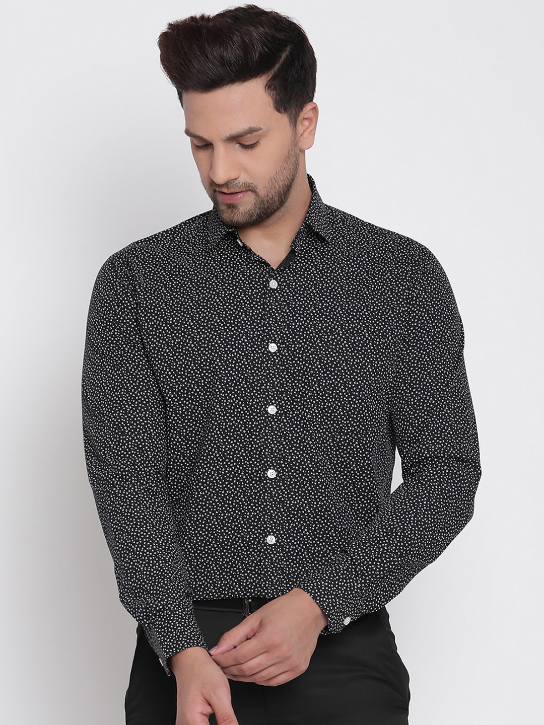 Copperline Men Black Slim Fit Opaque Printed Pure Cotton Formal Shirt