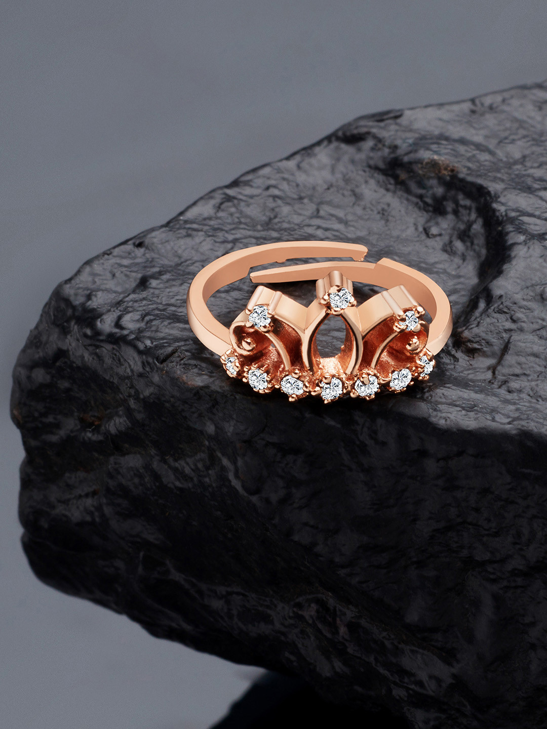 AMI Rose Gold-Plated White CZ-Studded Adjustable Crown Finger Ring