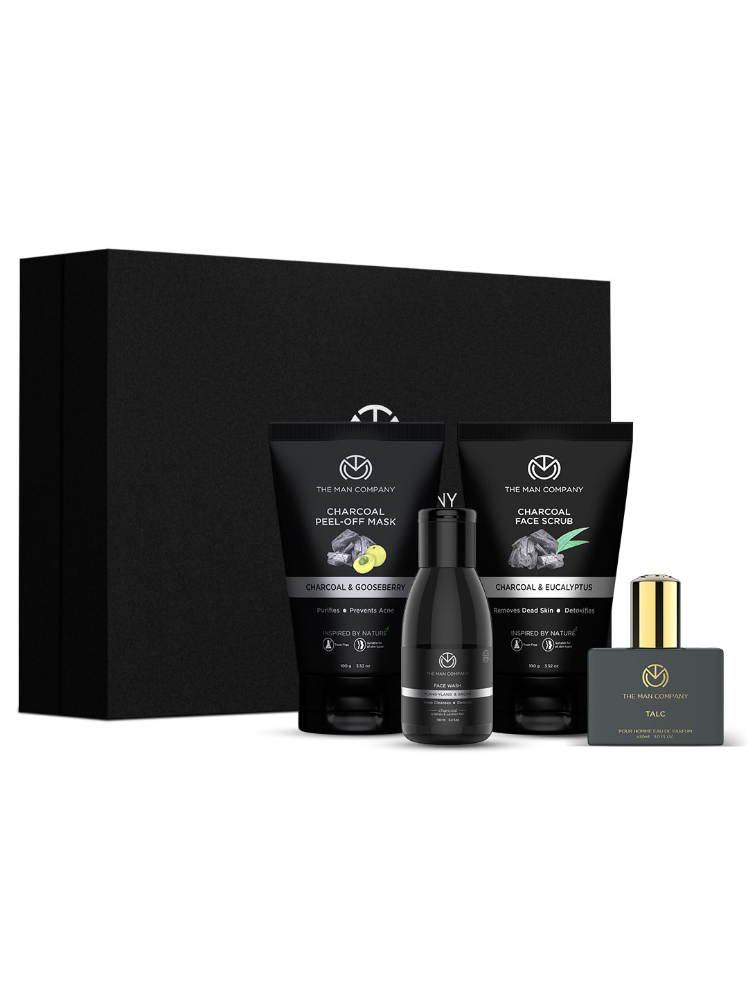 The Man Company Men DeTan Face Kit-Charcoal Peel off Mask, Scrub, Face Wash & Talc Perfume