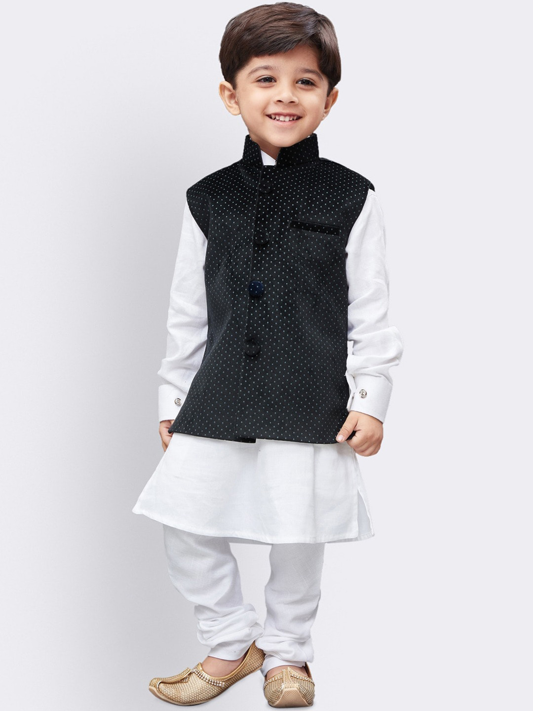 VASTRAMAY Boys Black and White Cotton Jacket, Kurta and Pyjama Set
