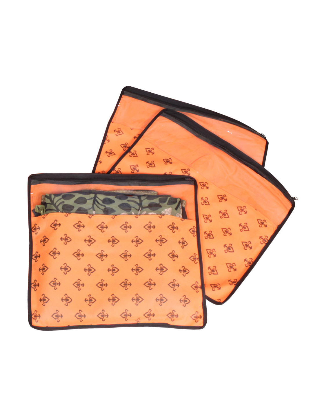 prettykrafts Set Of 3 Orange & Top Transparent Solid Single Packing Saree Cover Organizers
