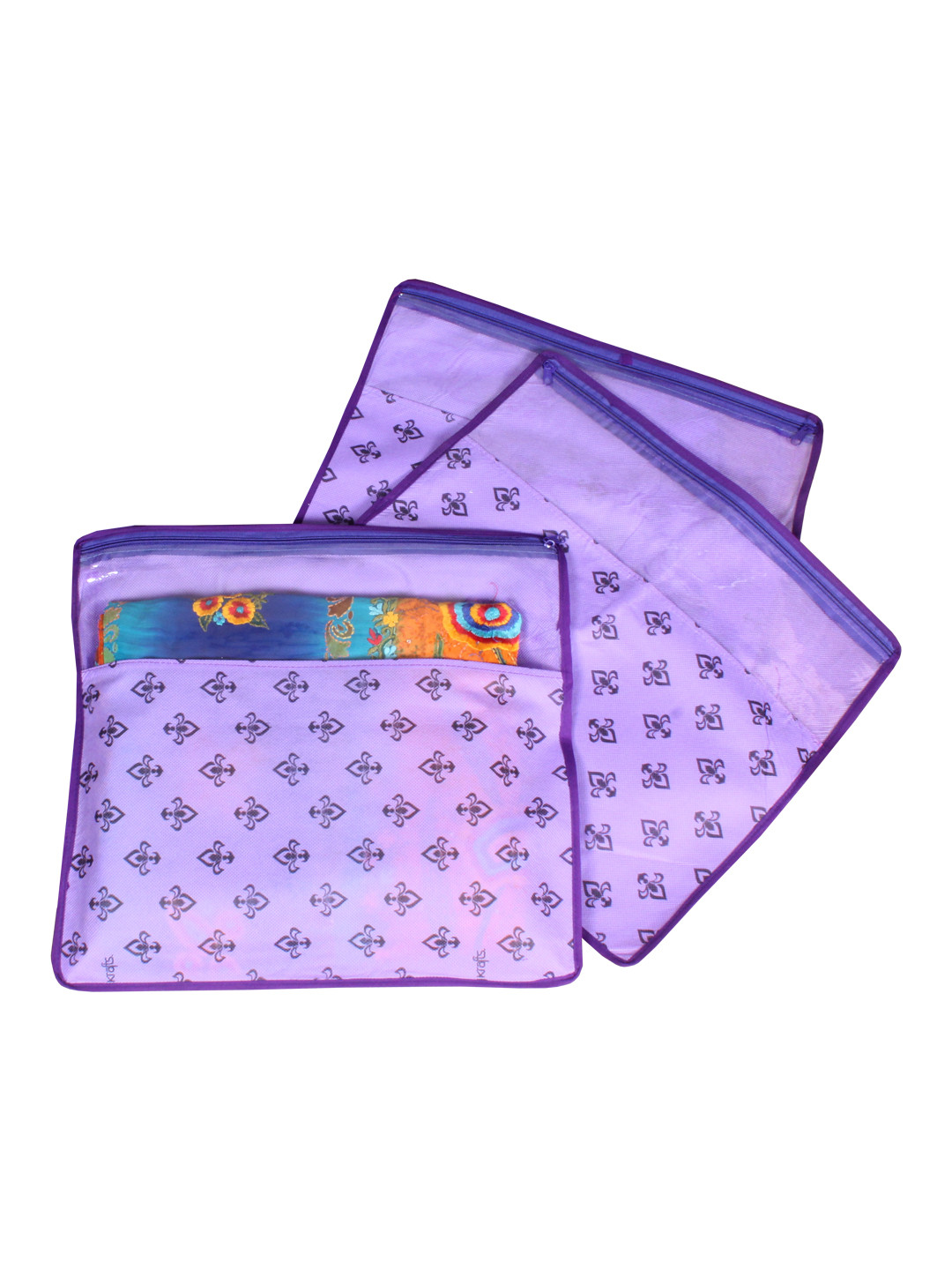 prettykrafts Set Of 3 Purple & Top Transparent Solid Single Packing Saree Cover Organizers