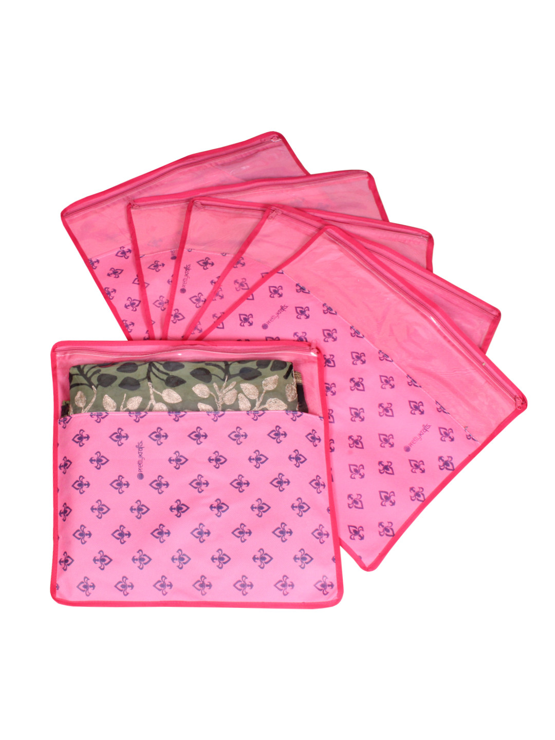 prettykrafts Set Of 6 Pink & Top Transparent Solid Single Packing Saree Cover Organizers