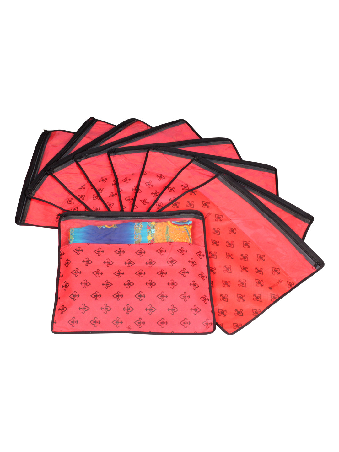 prettykrafts Set Of 9 Red & Top Transparent Solid Single Packing Saree Cover Organizer