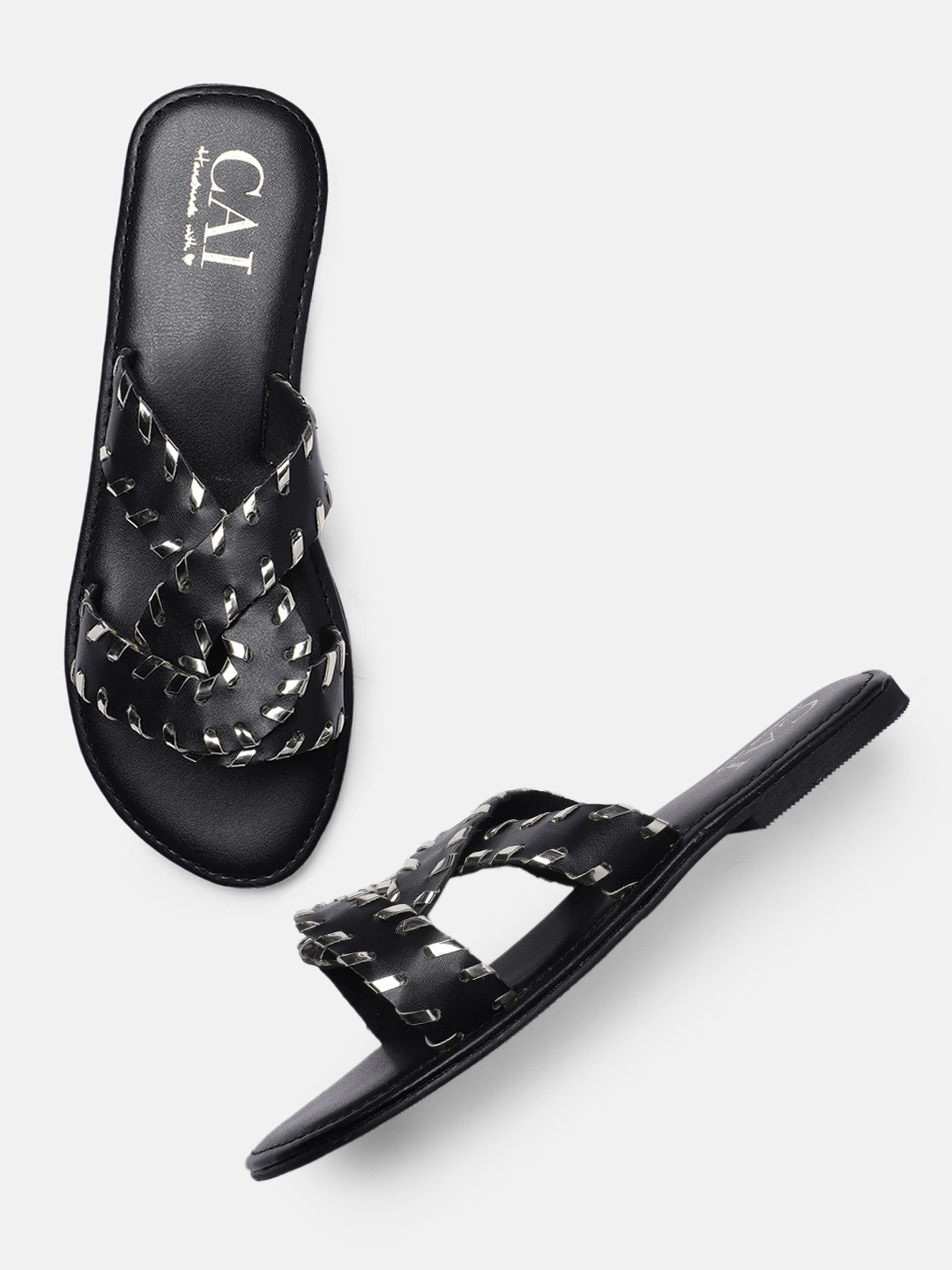 CAI Women Black Open Toe Midnight Knots Flats