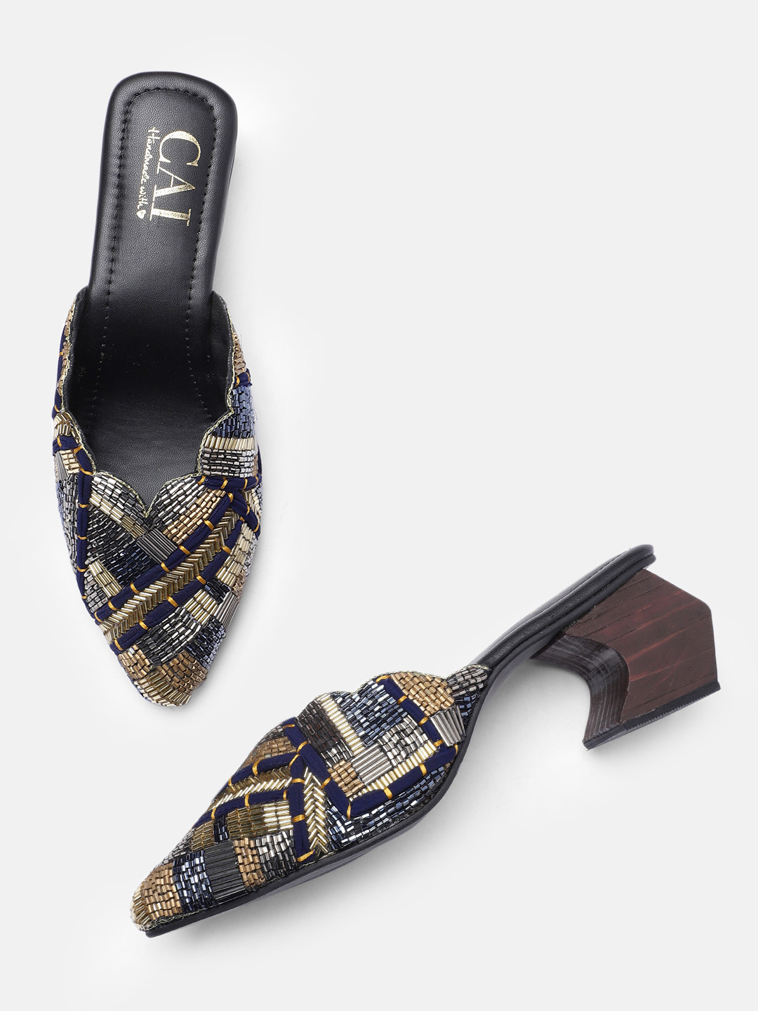 CAI Black Embellished Block Mules