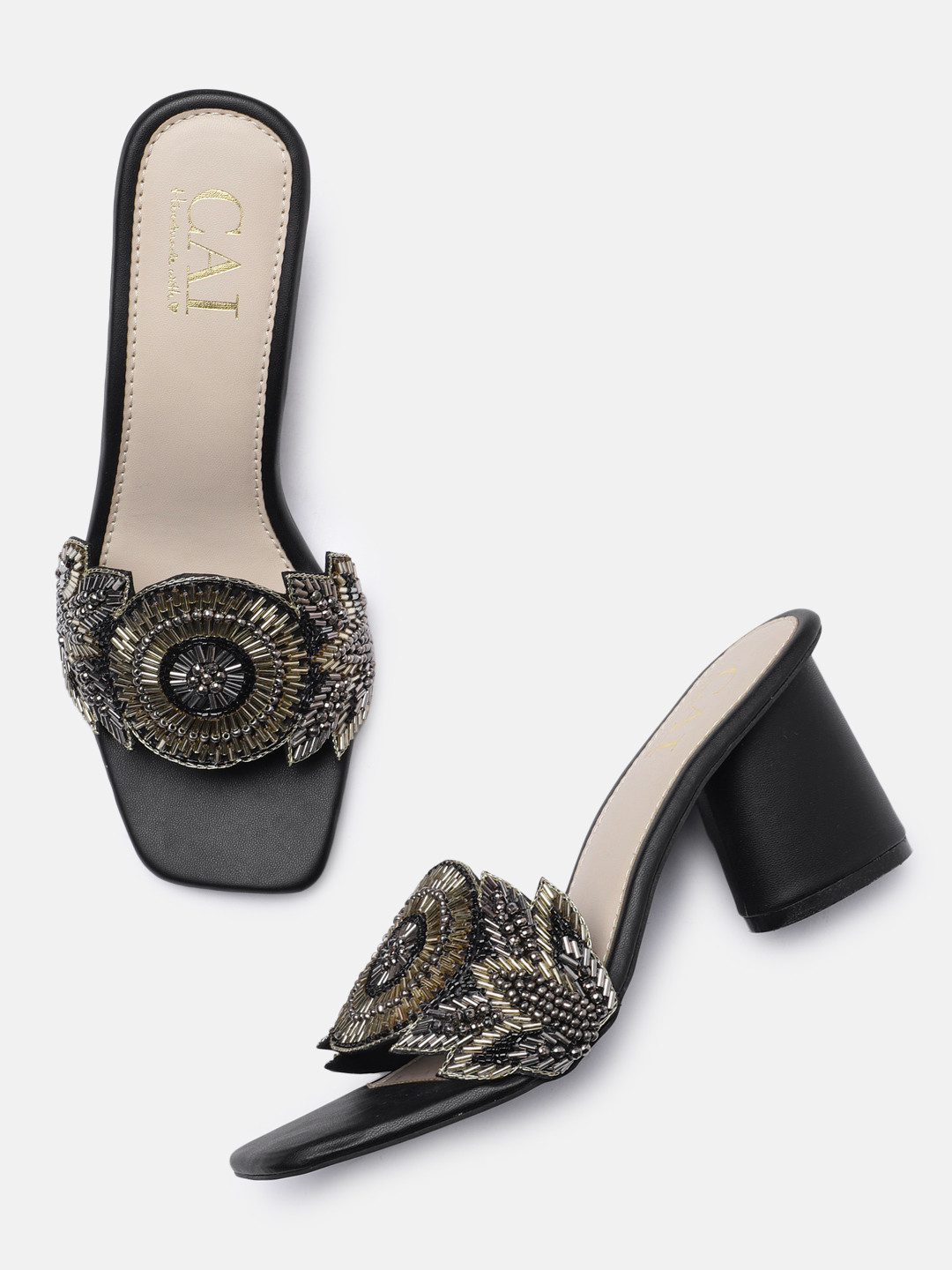CAI Black Embellished Block Sandals