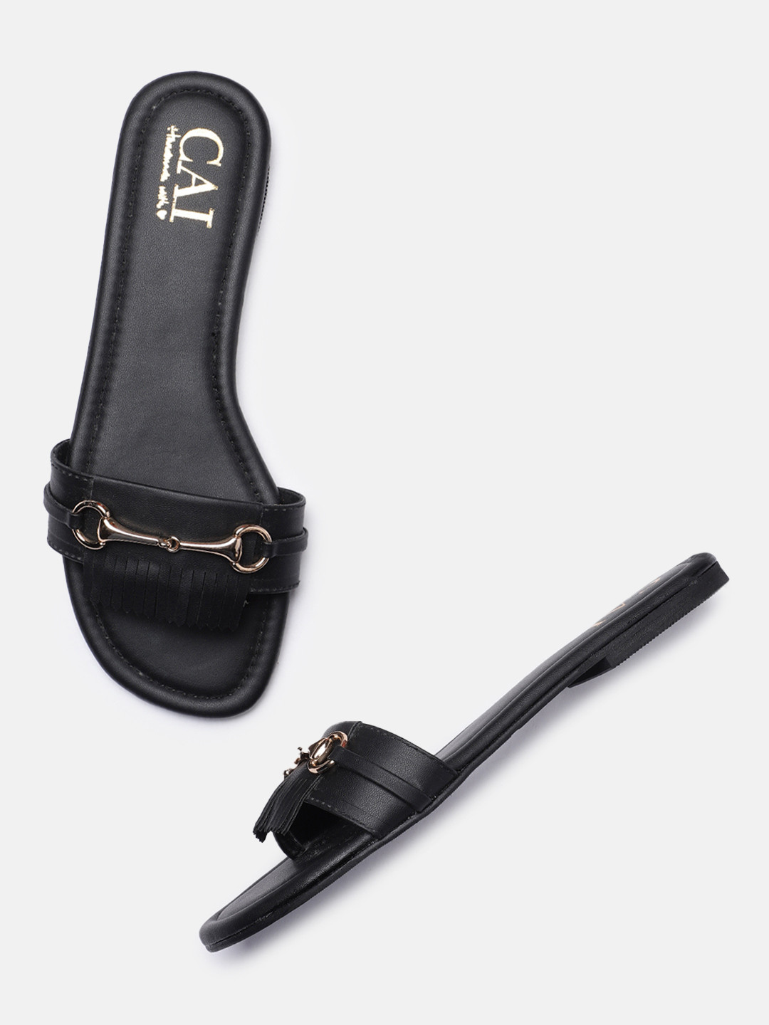 CAI Women Black Solid Open Toe Flats with Fringe