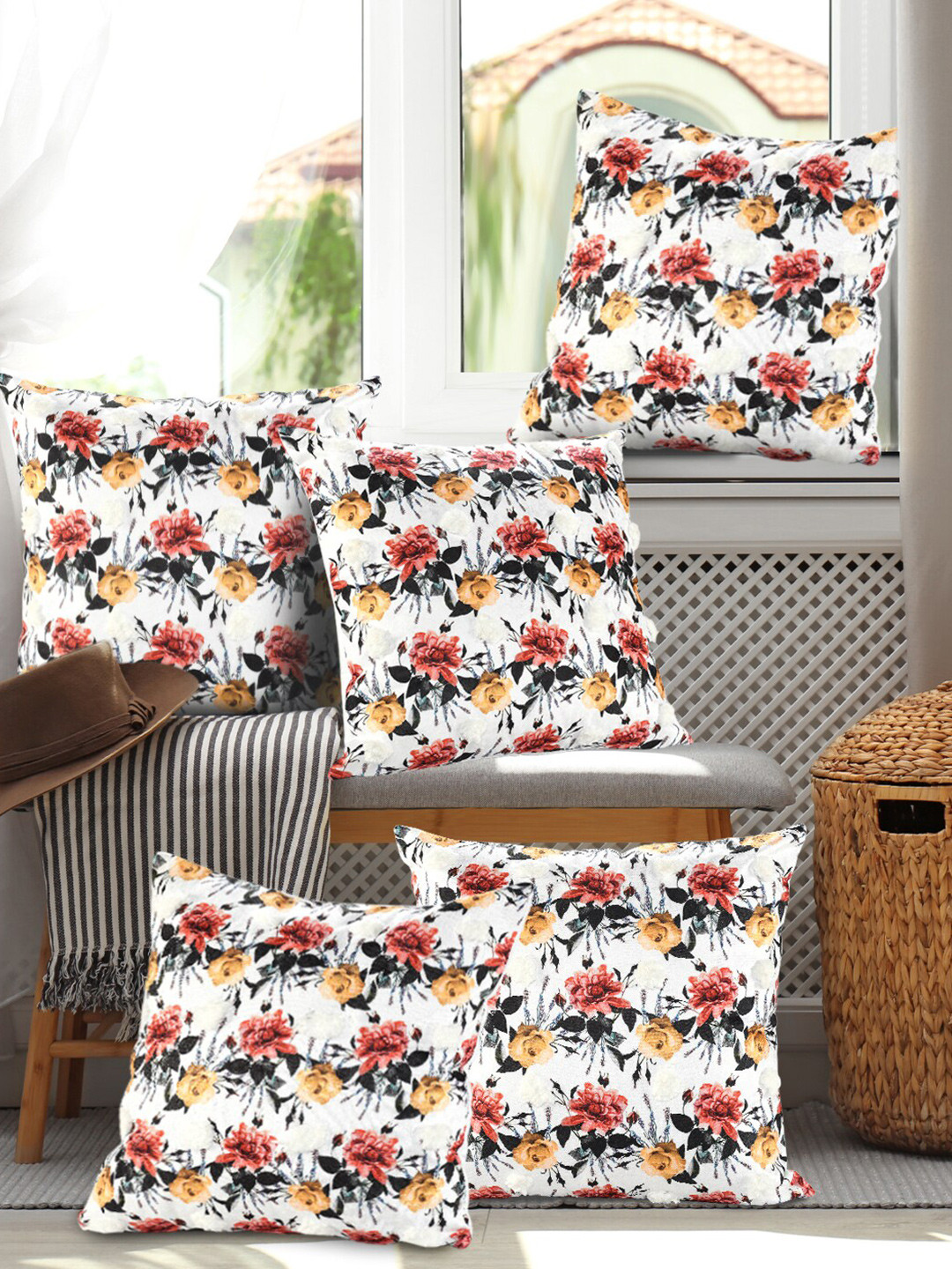 AAZEEM White Floral Velvet Durable 5 Piece Square Cushion Covers -16x16In