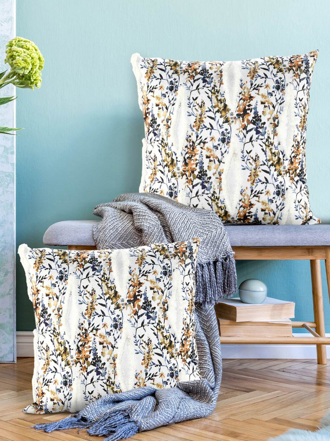 AAZEEM White Floral Velvet Durable 5 Piece Square Cushion Covers -16x16In