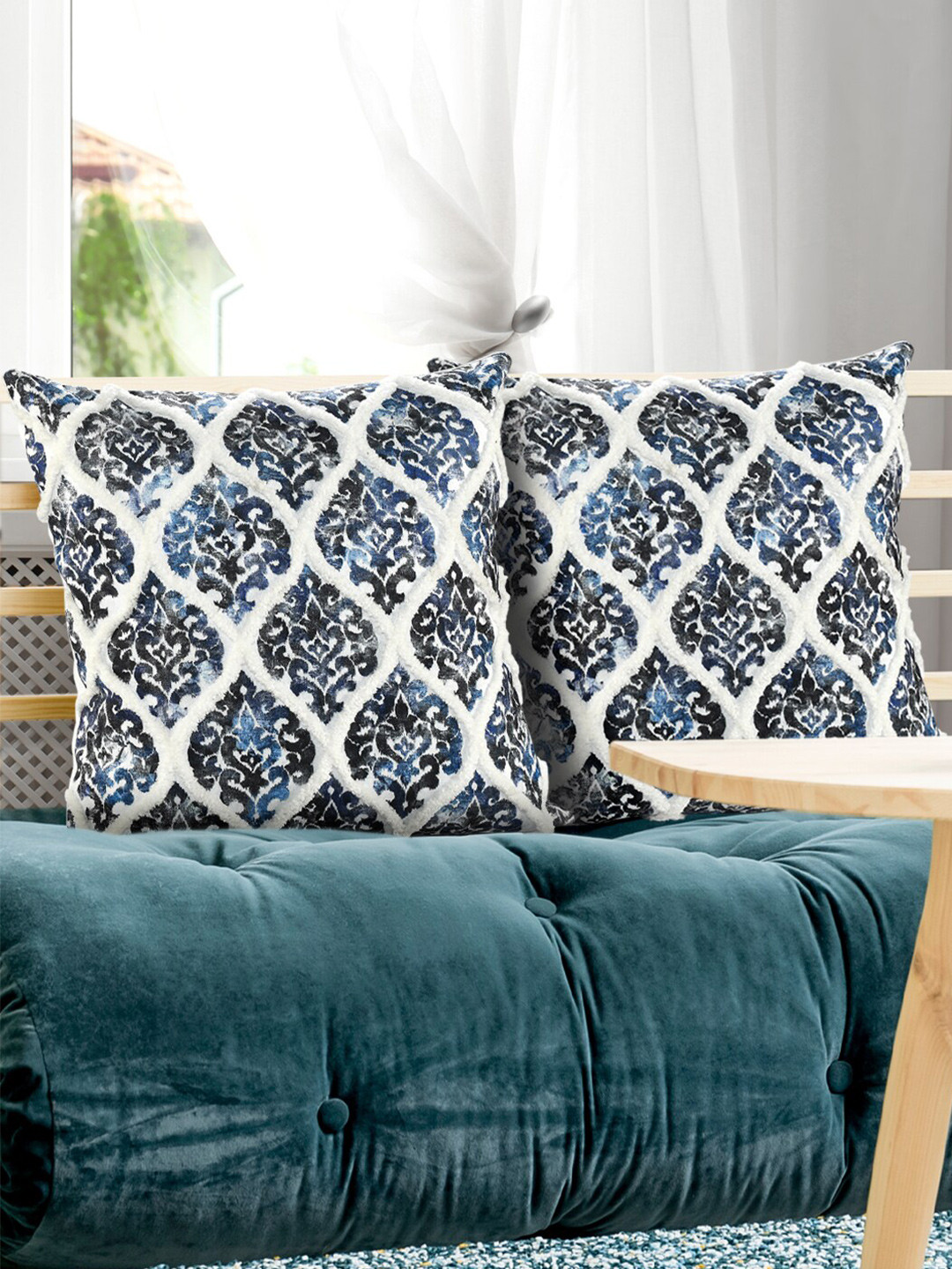 AAZEEM Micro Tufted Ethnic Motifs Velvet Washable 2 Pcs Square Cushion Covers - 24 x 24 In