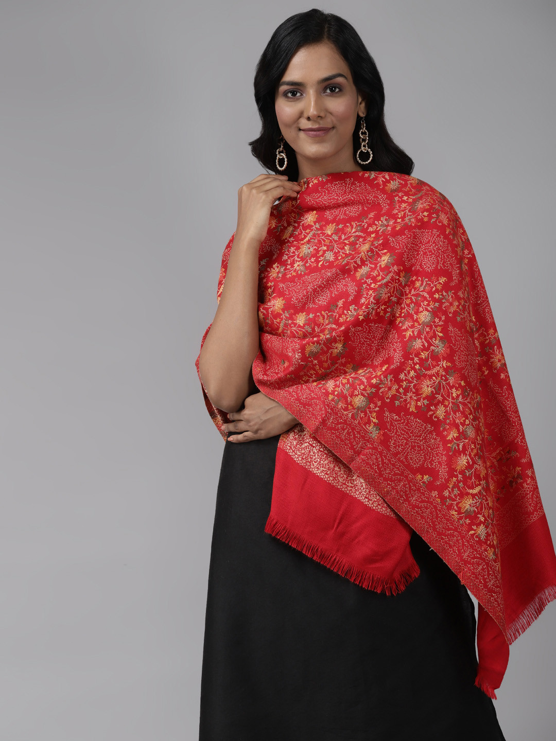Indo Era Red Ethnic Motifs Woven Design Viscose Rayon Stole