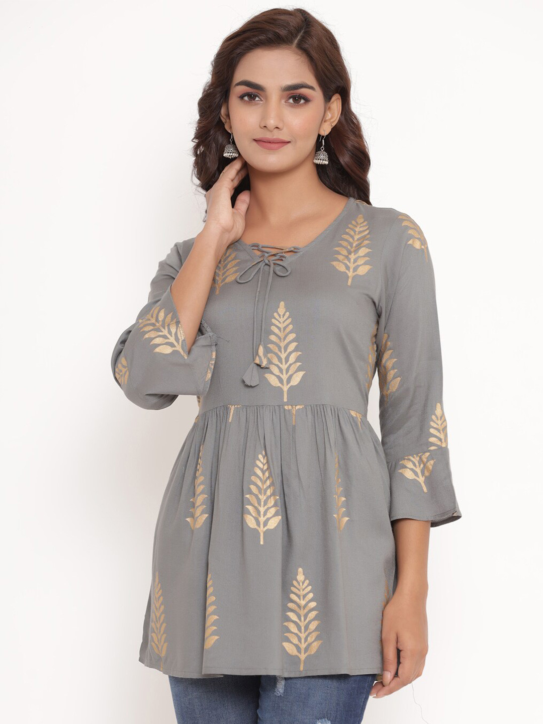 Fabriko Grey & Beige Geometric Printed Kurti