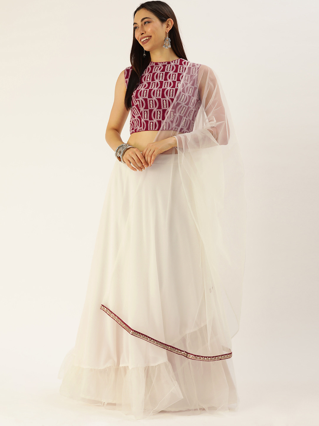 Ethnovog Maroon  White Embroidered Made to Measure Lehenga  Blouse With Dupatta