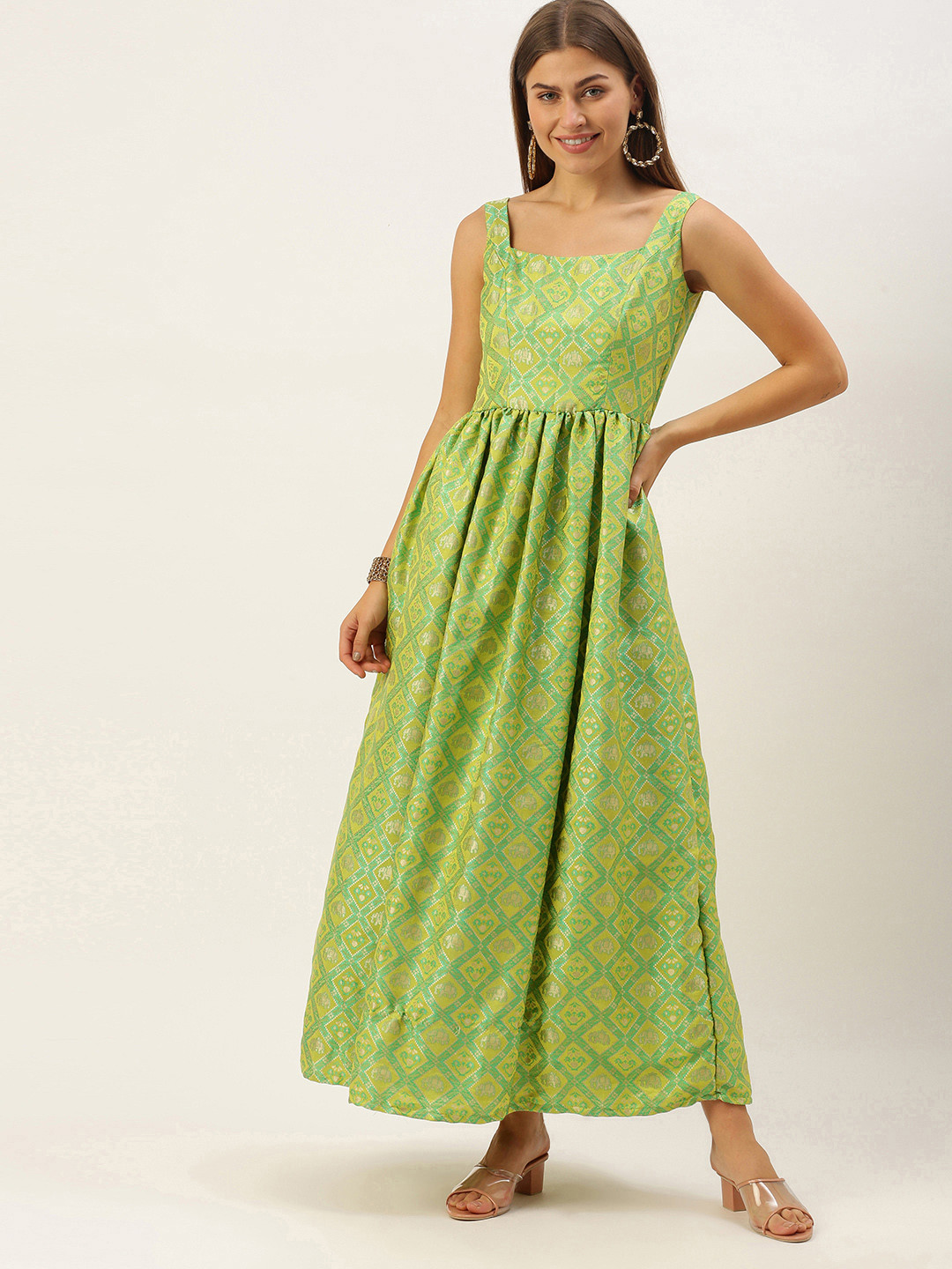 Ethnovog Green Ethnic Motifs A-Line Maxi Dress