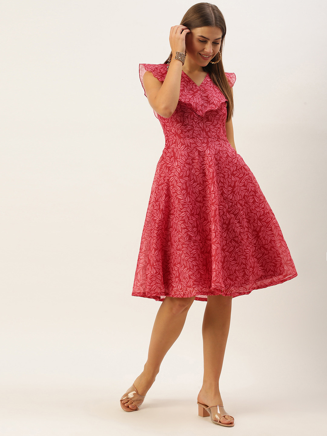 Ethnovog Pink Floral Layered A-Line Dress