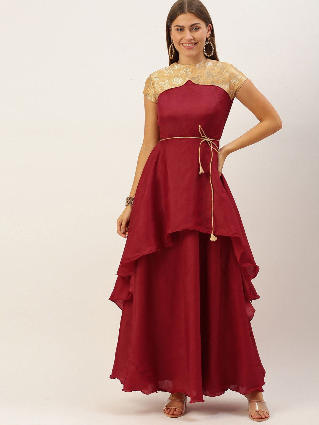 Ethnovog Maroon  Beige Floral Layered Satin Maxi Dress