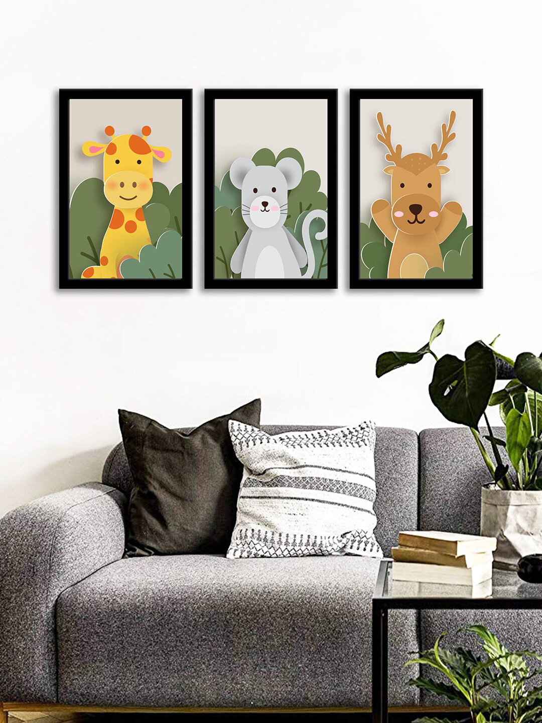 WENS Set Of 3 Multicoloured Cute Animals Wall Art Paintings