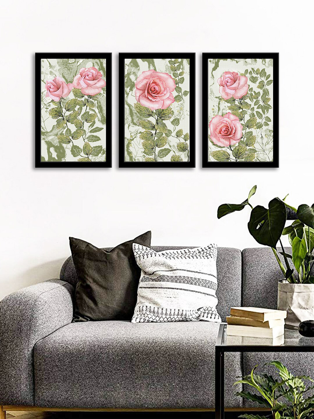 WENS Set Of 3 Pink & Green Roses Wall Art Paintings