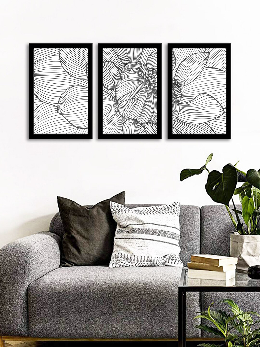 WENS Flower Black MDF 3 Pcs Wall Living Room Rectangle Paintings Wall Art -13.5 x 9.5In