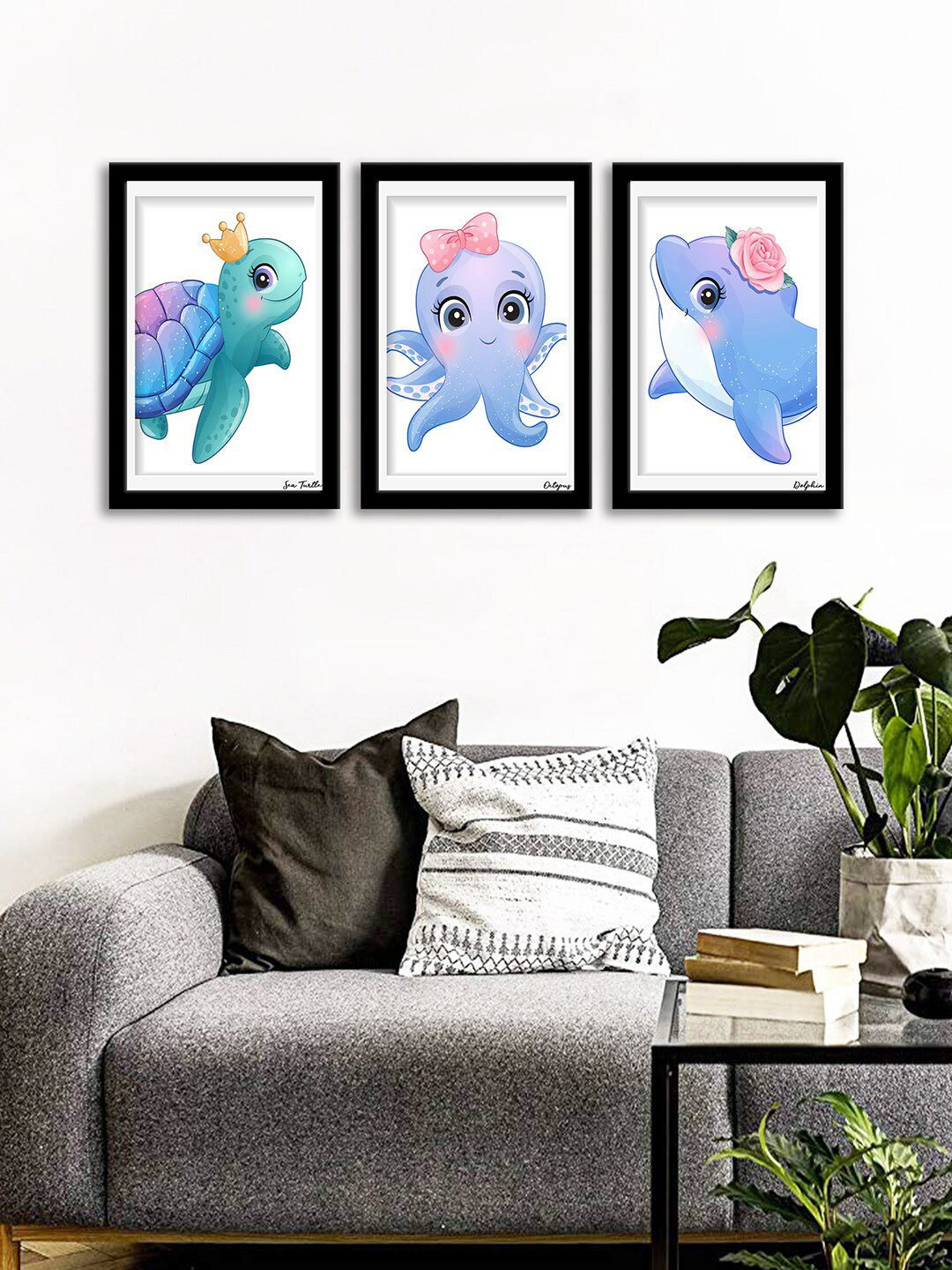 WENS Set Of 3 Multicoloured Cute Little Sea Turtle Wall Art Painting
