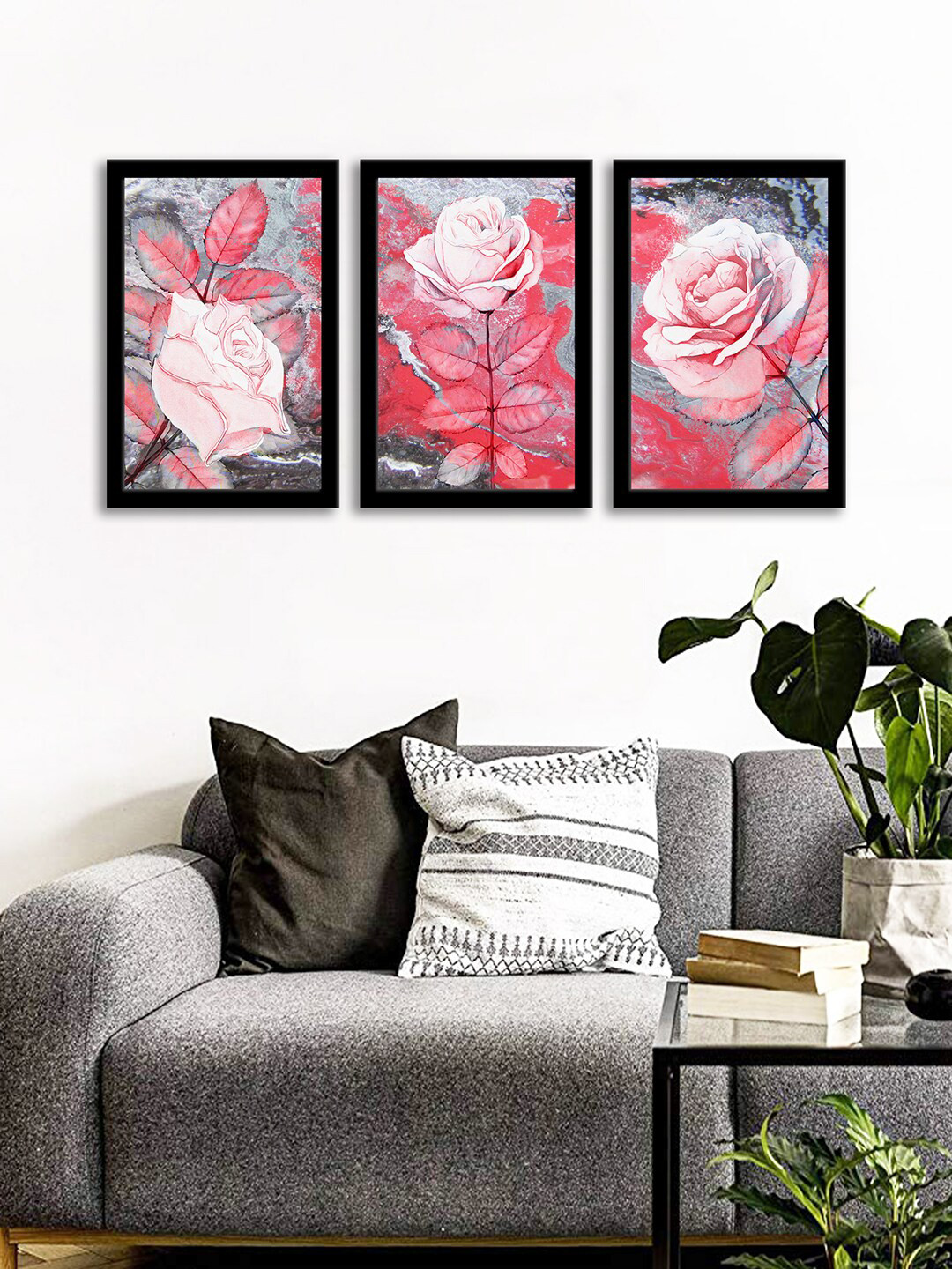 WENS Set Of 3 Pink Roses Wall Art Painting