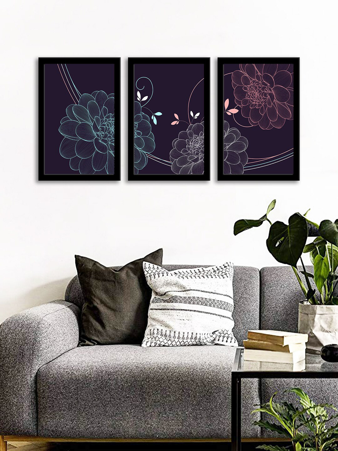 WENS Set Of 3 Navy Blue Flowers of Dahlias Wall Art Paintings