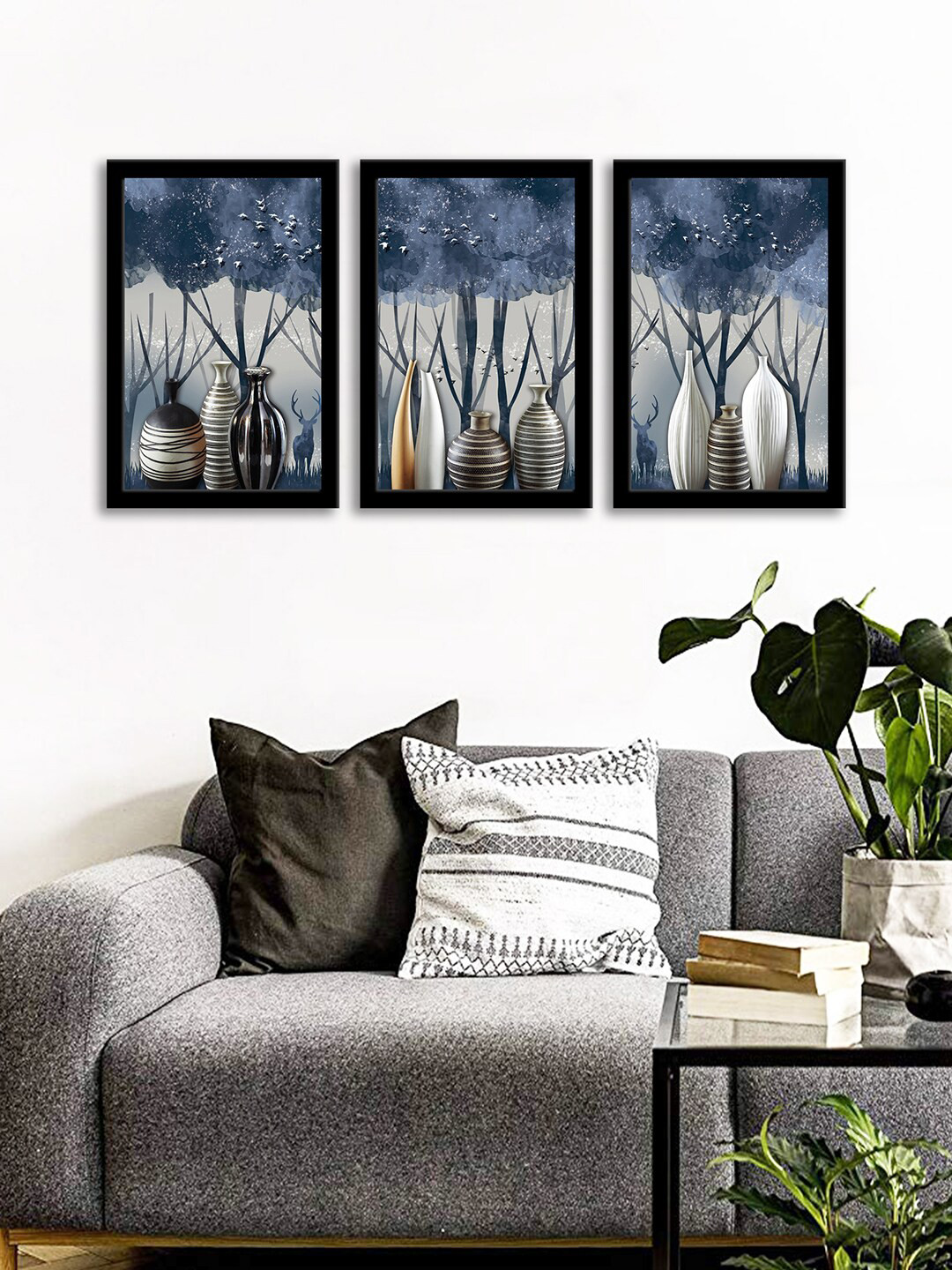 WENS Set Of 3 Multicoloured Modern Art Of Vases Wall Art Paintings