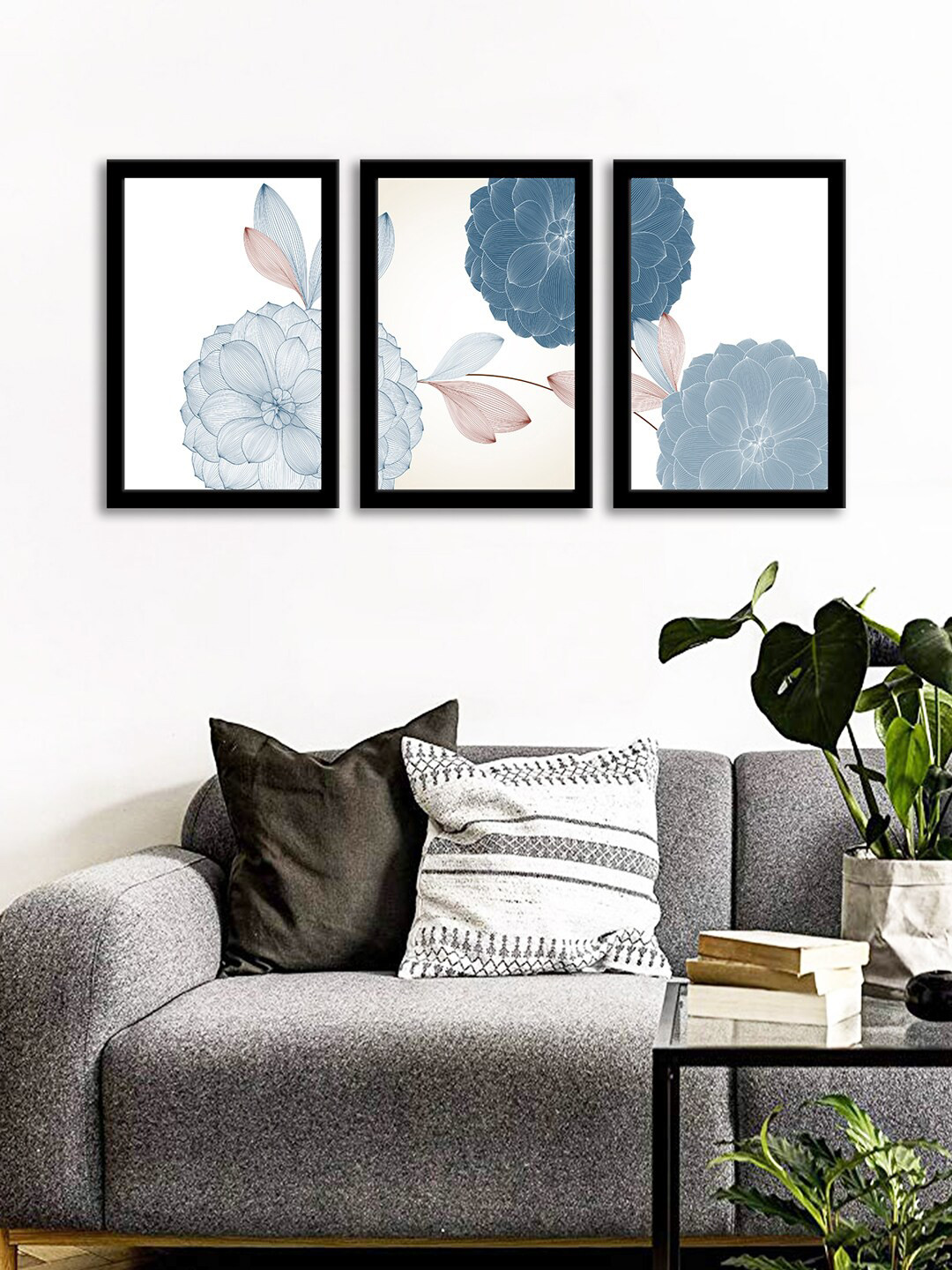 WENS Set Of 3 White & Blue Flowers of Dahlias  Wall Art Paintings