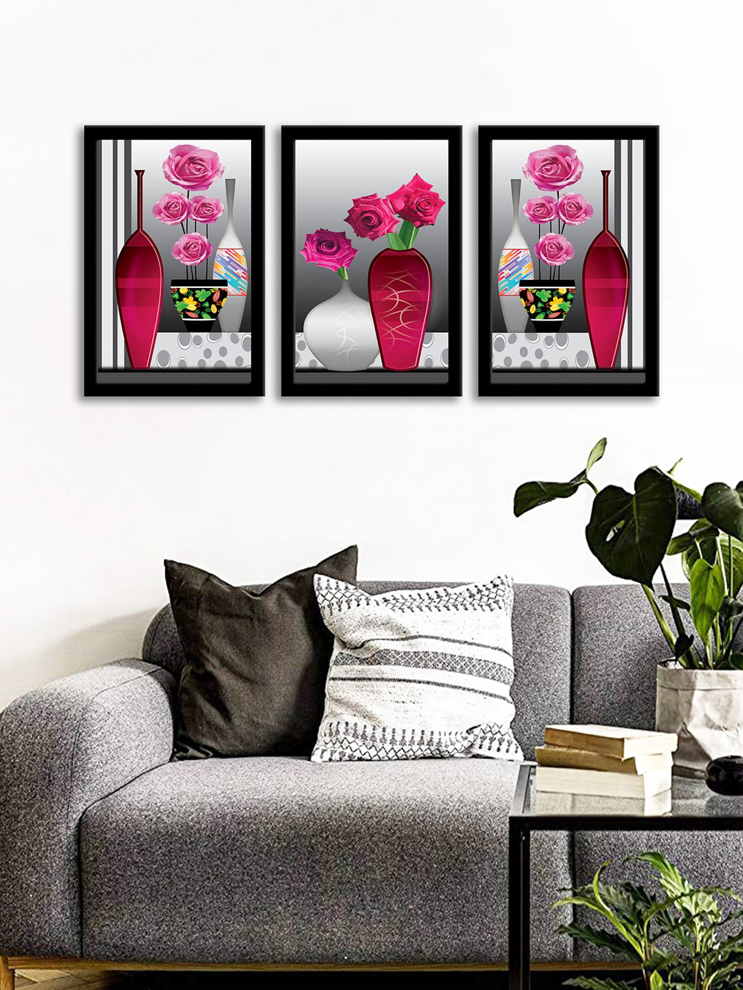 WENS Set Of 3 Pink & Grey Colorful Modern Wall Art Paintings