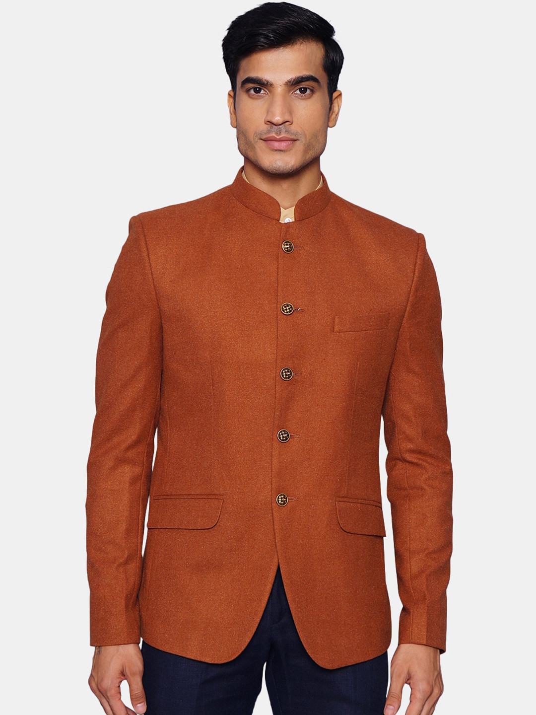 Wintage Men Rust-Orange Solid Woolen Bandhgala Blazer