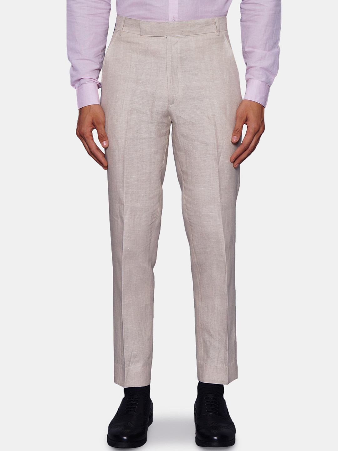 Wintage Men Cream-Coloured Pure Linen Formal Trousers
