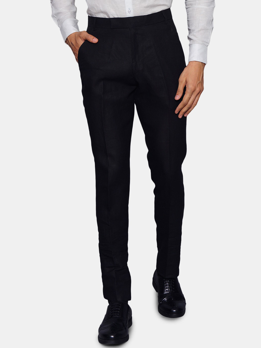 Wintage Men Black Pure Linen Formal Trousers